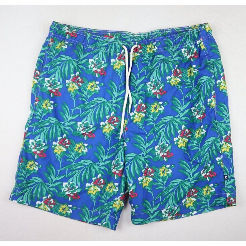 CHAPS - MEN'S BLUE FLORAL PRINT SWIM TRUNKS - SIZE XL